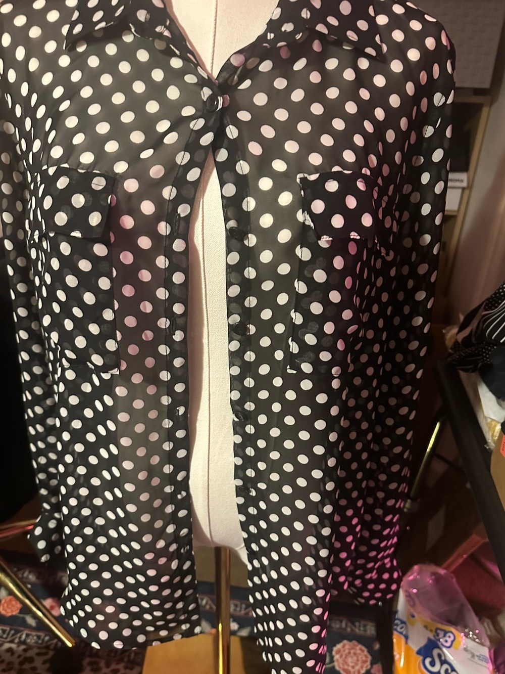 Forever 21 sheer black and white polka dot button up size M